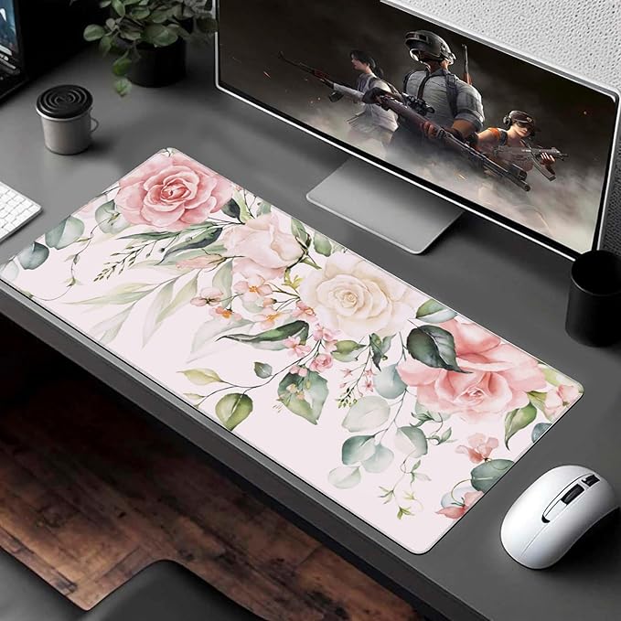 Desk Pad, Pink Watercolor Flowers and Green Leaves Extended Large Gaming Mouse Pad XXL, Large Desk Mat for Desktop with Non-Slip Rubber Base Stitched Edges for Home Office Gaming 35.4"X15.7"