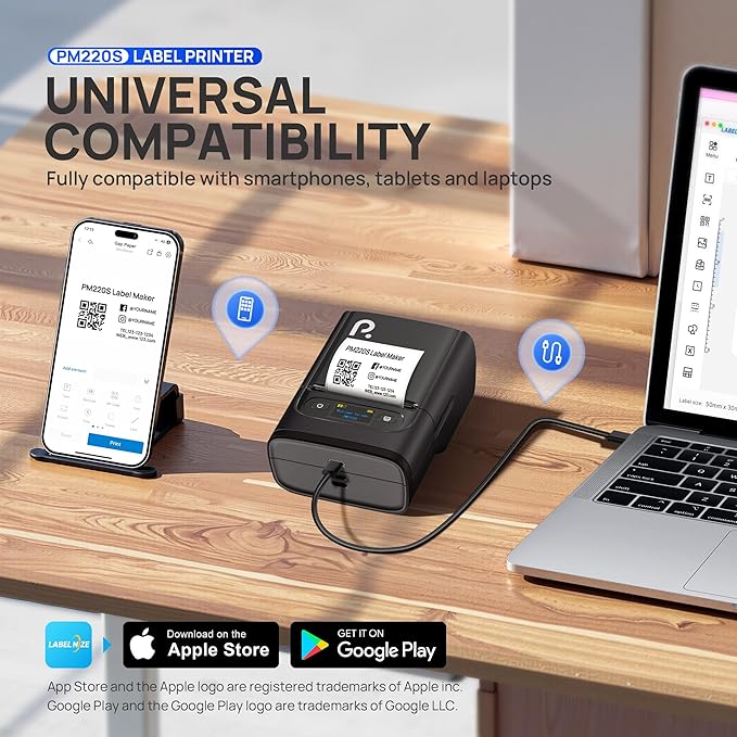 POLONO PM220S Label Maker Machine with Tape, Bluetooth Thermal Label Printer, Portable Sticker Printer,Chocolate Dark