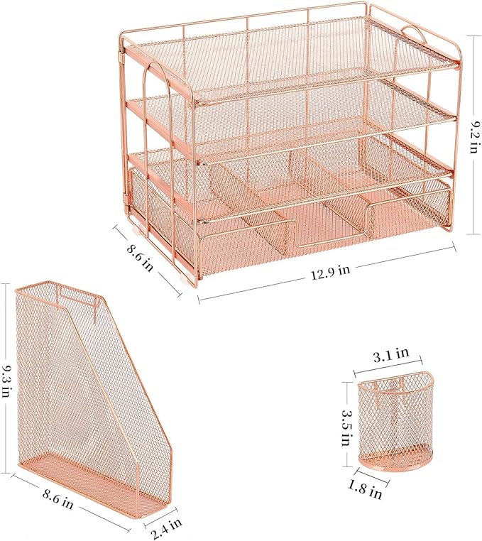 Desk Organizer and Accessories, 4-Tier Desktop File Organizer with Drawer and 2 Pen Holders, Office Desk Accessories for Office Supplies(Rose Gold)