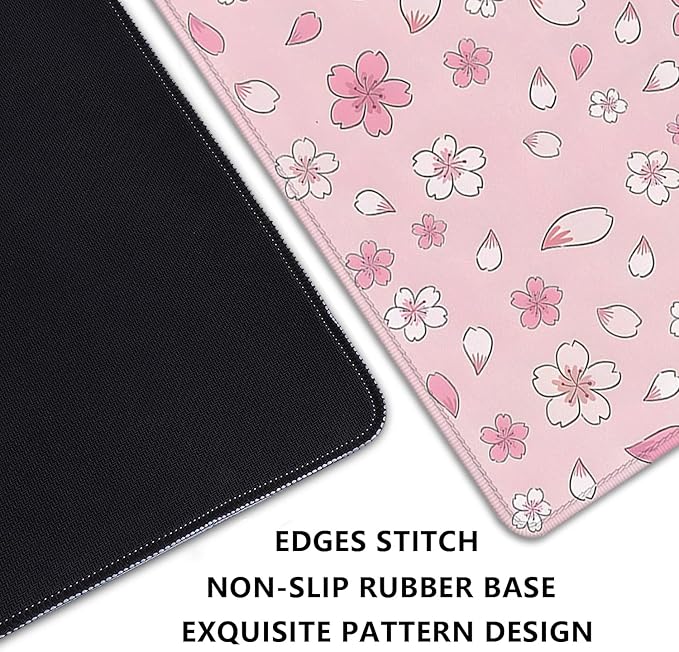 Japanese Cherry Blossoms Extended Desk Pad Mouse Pad,Large Gaming Floral Mouse Mat with Stitched Edges,Non-Slip Rubber Base Mousepad for Office Computer Keyboard Laptop Home(27.5X11.8 in)