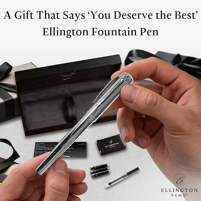 Ellington Pens Luxury Fountain Pen Set - Smooth Fine Nib- Includes 3 Ink Cartridges, Refillable Ink Converter, Gift Box- Fountain Pens For Writing, Calligraphy, Journaling, Sketching (Silver Sonata)