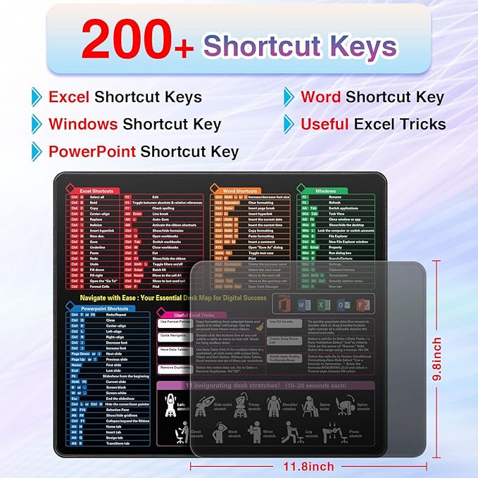 Excel Cheat Sheet Mouse Pad, Excel Shortcuts Desk Mat, Waterproof Keyboard Mousepad for Desk Office Work Computer Gaming Mouse Mat with Stitched Edges Anti-Slip (19.29"x16.53")
