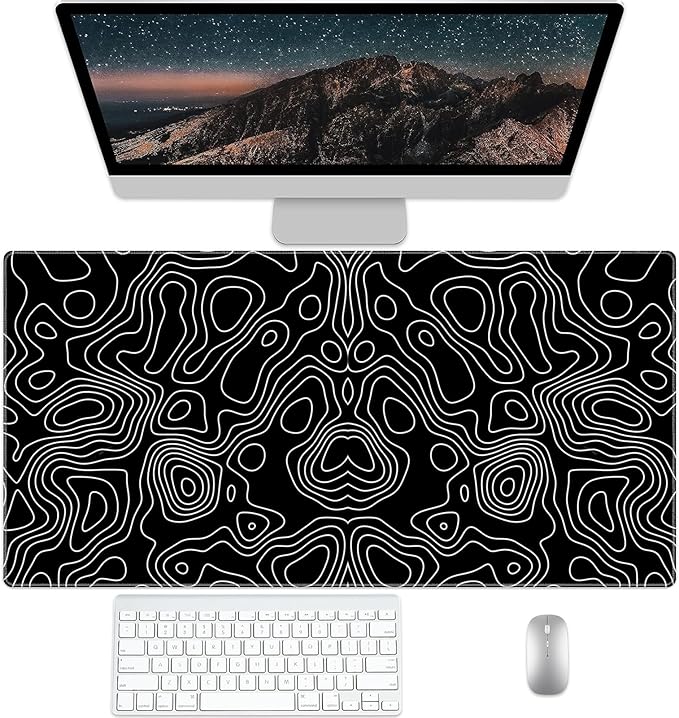 Black Topographic Desk Pad Protector, Stitched Edges Mouse Pad, Large Office Desk Mat, Non-Slip Desk Blotter, Laptop Desk Pad, Desk Writing Pad for Office and Home (31.5" x 15.7 ")