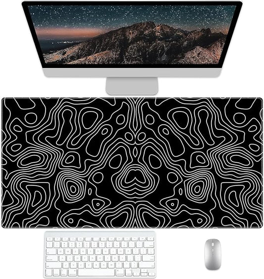 Black Topographic Desk Pad Protector, Stitched Edges Mouse Pad, Large Office Desk Mat, Non-Slip Desk Blotter, Laptop Desk Pad, Desk Writing Pad for Office and Home (31.5" x 15.7 ")