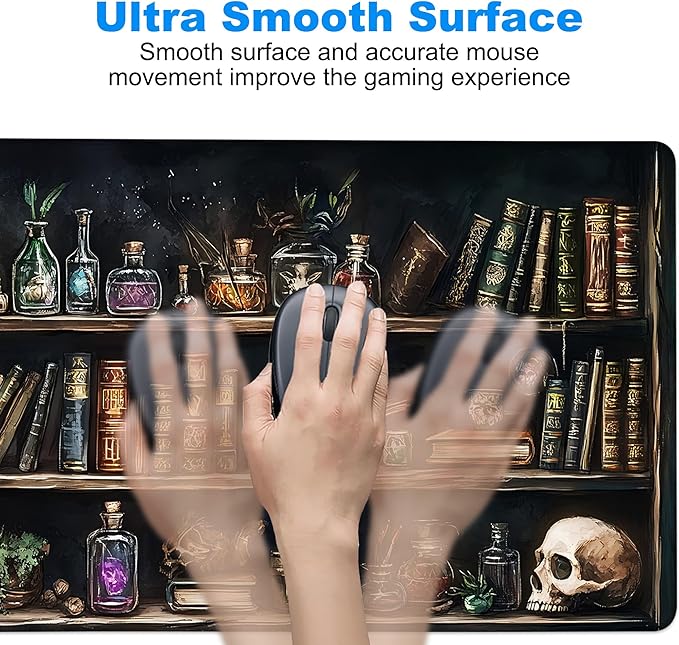 Desk Pad, Black Academia Fantasy Bookshelf Goth Skull XL Gaming Mouse Pad with Stitched Edges,Non-Slip Waterproof Rubber Base Large Desk Mat for Keyboard and Mouse 31.5"x11.8"