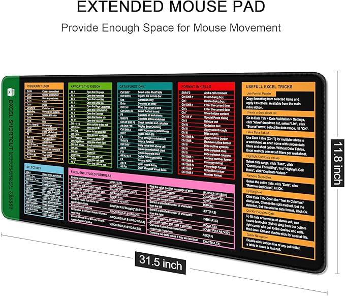 Auhoahsil Large Mouse Pad, XL Gaming Mousepad, Desk Mat for Desktop, Thick Rubber, Big & Long Size, Stitched Edges, Full Desk Pad for Laptop & Computer, Extended 31.5 x 11.8 in, Excel Shortcut