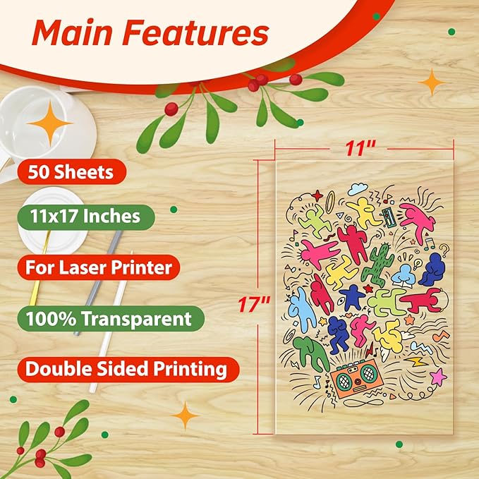 Uinkit 11x17 Laser Transparency Film OHP 50 Pack Acetate Sheets Clear Overhead Projector Laserjet Film for Color Laser Jet Printer and Copier A3 Menu Size 11 x 17 50 Pack Uinkit