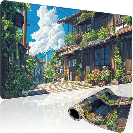 Japanese Street Scene Large Gaming Mouse Pad 31.5"x15.7"｜XXL Desk Mat, Non-Slip Rubber Base & Stitched Edges - Extended Waterproof Mousepad for PC/Laptop/Office/Home Decor