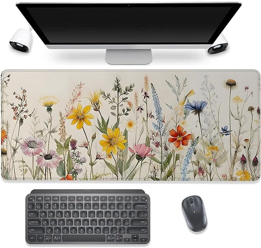 Watercolor Plant Sunflowers Desk Pad Mouse Pad,Floral Prints Extended Large Gaming Mouse Mat with Stitched Edges,Non-Slip Waterproof Rubber Base Mousepad for Office Work Home(27.5X11.8 in)