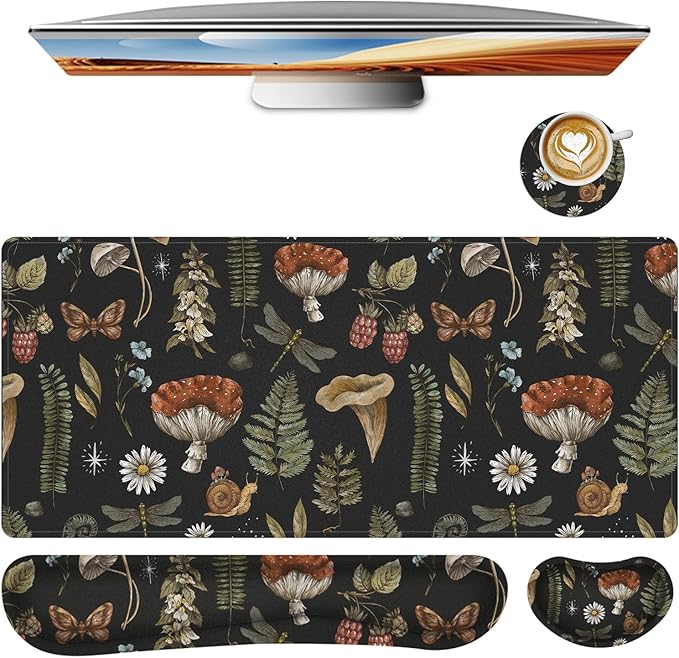 Mouse Pad Set Large Desk, Desk Matt for Desktop with Wrist Rest,Anti-Slip XXL Big Computer Ergonomic Mousepad with Wrist Support for Keyboard and Mouse(Plant)