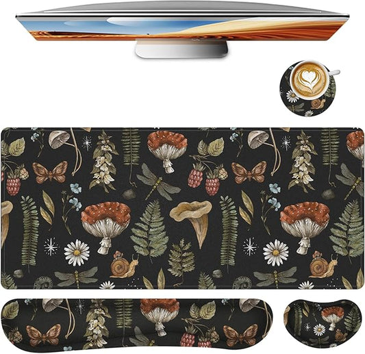 Mouse Pad Set Large Desk, Desk Matt for Desktop with Wrist Rest,Anti-Slip XXL Big Computer Ergonomic Mousepad with Wrist Support for Keyboard and Mouse(Plant)