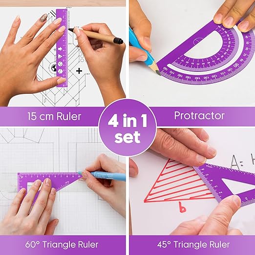 MSDADA Triangle Ruler, Protractor, Square and Ruler Set, 4 Pieces Aluminum Alloy Ruler, Metal Drafting Ruler Kit, Geometric Protractor for Student, School, Home, Office (Purple, 15cm/5.9inch)