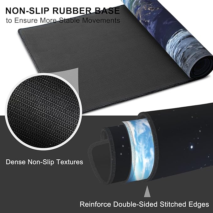 Mouse Pad, Large View of Earth from The Moon Surface Desk Mat, Extended Non-Slip Gaming Keyboard Mousepad Desk Pad, Thick Stitched Edges Waterproof Mouse Mat 31.5"x15.7" (Beautiful Blue Earth)