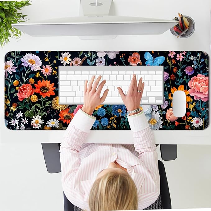 Butterfly Flowers Gaming Mouse Pad, Extended Large Floral Plant Desk Mat, Computer Keyboard Laptop Mousepad for Work, Office and Home, XL
