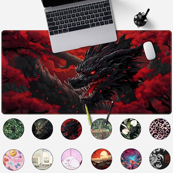 Huge Dragon Large Mouse Pad - Red and Black Mousepad, Big Full Keyboard and Mouse Pad with Stitched Edges, Anti-Slip, Funny Desk Pad, 31.5 X 15.8 in.