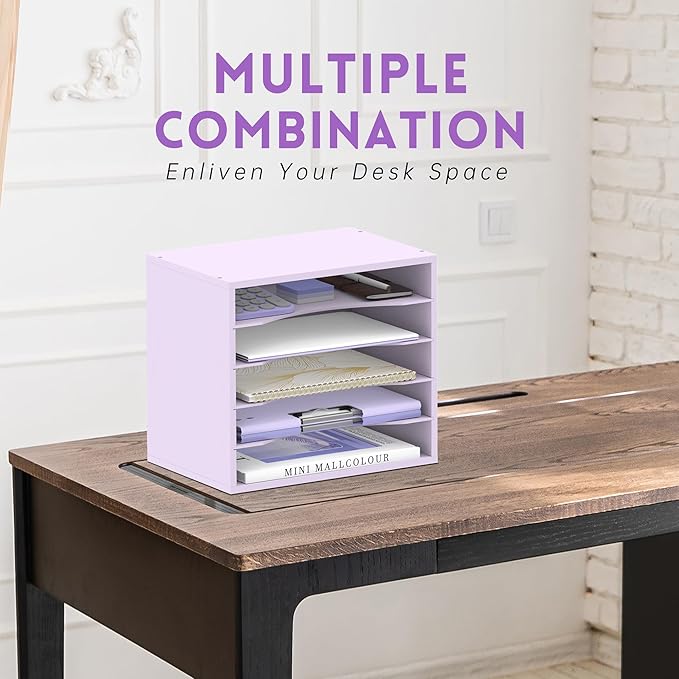 SUPEASY Wood Desk Organizer, 5 Tier Paper File Organizer for Desk, Wooden Desktop Organizer, Paper Letter Literature Mail Sorter, for Office School & Home Organization, Purple