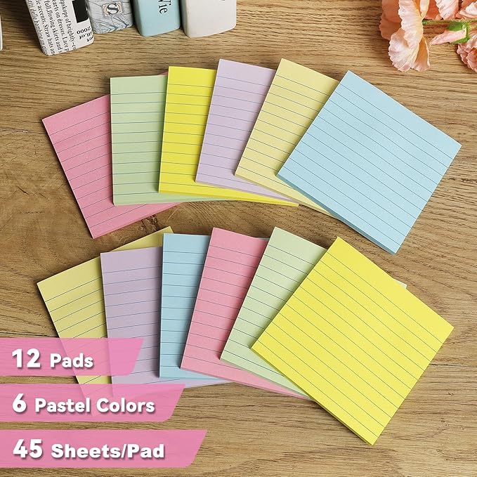 (12 Pack) Lined Sticky Notes 4x4 in, Pastel Colors Self Sticky Notes Pad Its Super Sticking Power Memo Pads, 4x4 Large Square Sticky Notes for Office, Home, School, Meeting