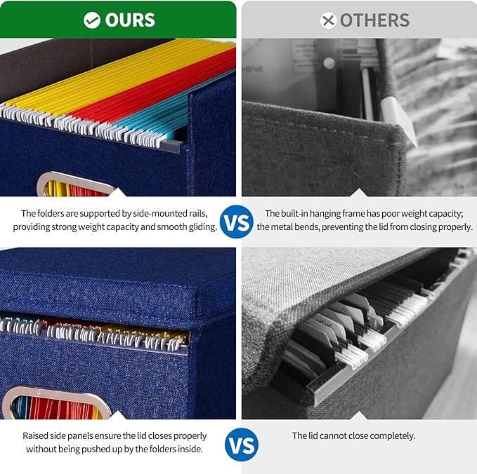 2 Pack Hanging File Folders Organizer with Lid, Letter Size Fabric File Storage Box Collapsible, Portable Office Document Holder with Metal Handle, Smooth PVC Rails, Blue