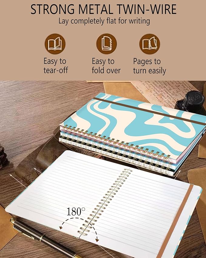 Spiral Journal Notebook, A5 Cute Notebooks for Women Men, College Ruled Hardcover Notebook for Work & Note Taking, 60 Pages Double-Wire Journals for Writing, Blue White Fluid Line