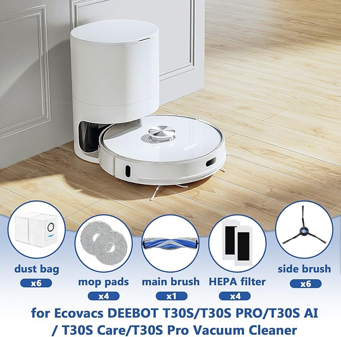 21 Pack T30S Replacement Parts for ECOVACS DEEBOT T30S, T30S AI, T30S Pro, T30S Care Robot Vacuum Accessories Kit, 1 Main Brushes, 4 HEPA Filters, 4 Mop Cloth Pads, 6 Dust Bags, 6 Side Brushes