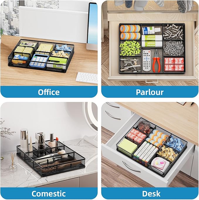 Marbrasse Desk Drawer Organizer, Metal Mesh Drawer Organizer Tray with 5 Adjustable Compartments,Desk Organizers and Accessories for Home,Office,Kitchen,Makeup,Vanity (Black)
