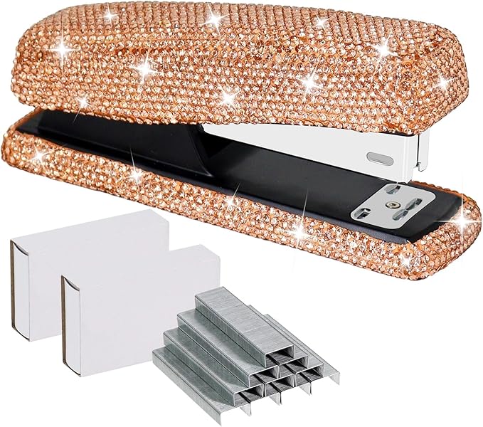 Multibey Rhinestone Stapler for Desk- Bling Crystal Desktop Stapler with 2000 Silver Staples, 25 Sheet Capacity, Elegant Office Staplers & Dazzling Desk Accessory for Women Lady (Champagne Gold)