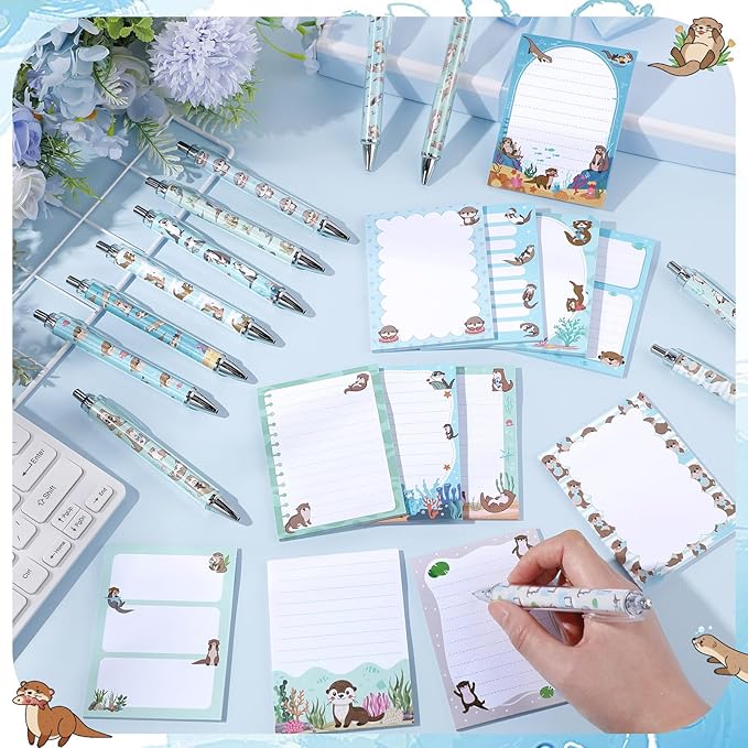24 Pcs Otter Sticky Notes with Pens Themed Gifts Self Adhesive Notepad Cute Memo Notes Pads Black Ink Ballpoint Pen for Otter Lover Gifts Office School Students Teacher Supplies