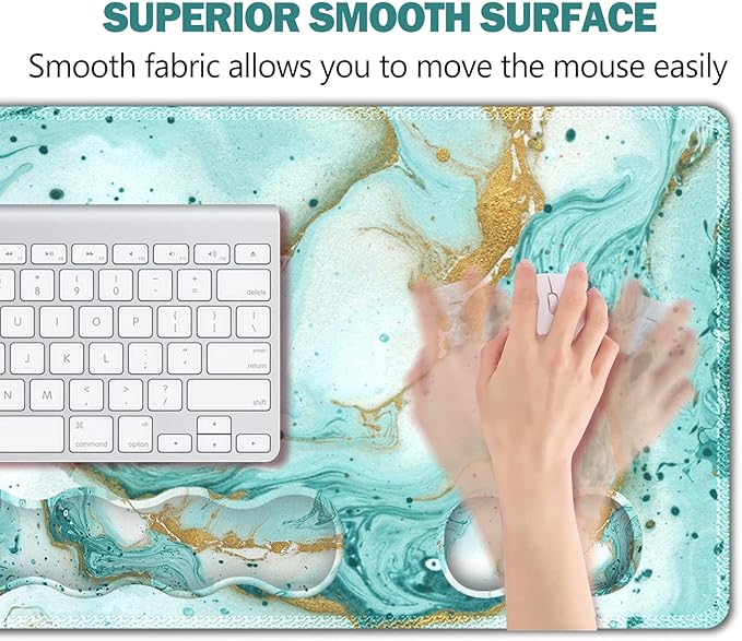 Upgraded Large Gaming Mouse Pad, Keyboard Wrist Rest Pad, Wrist Support Mousepad Set, Artso Rubber Base Stitched Edges, Multifunctional Desk Pad (35 x15.5 in) for Office, Home, Teal Turqoise Marble