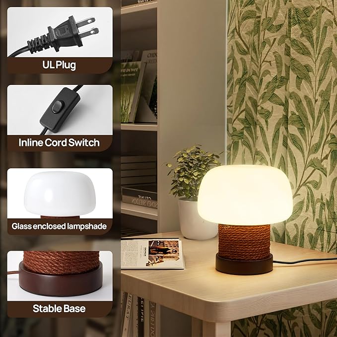 Small Table Lamp for Bedroom-Wooden Base Mushroom Table Lamps,Milky White Glass Shade,Three Adjustable Color Temperatures Modern Cute Unique Side Table and Desk Lighting(H 7.4 in)