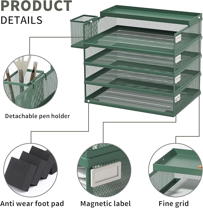 Metal Stackable Letter Trays, 4-Tier Desk Organizer & Paper Trays for Office, Stackable File & Document Tray with Magnetic Labels,Green