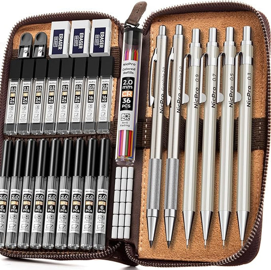 Nicpro 33PCS Metal Mechanical Pencil Set in Leather Case, Art Drafting Pencil 0.3, 0.5, 0.7, 0.9 mm, 2mm Lead Pencil Holders for Sketching Drawing With 18 Tube (6B 4B 2B HB 2H 4H Colors) Lead Refills