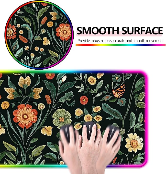 RGB Floral Gaming Desk Mat, Computer Keyboard Large Extended Long Flower Plants LED Mouse Pad for Office and Home, XL (W19)