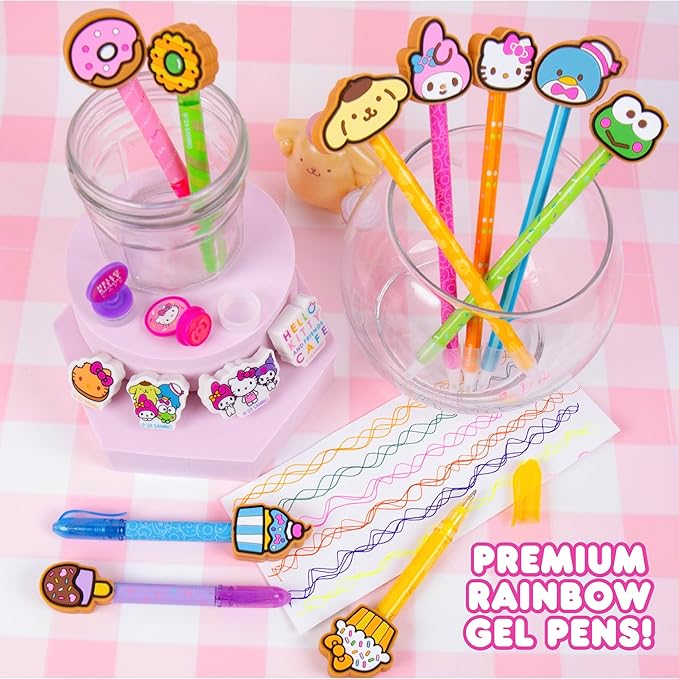 Hello Kitty & Friends Café Multi-Pen Set, 10 Hello Kitty Pens For Kawaii Notebook, Stamps, Erasers & More Sanrio Stationery, Fun Office Supplies, Cute School Supplies, Hello Kitty Merch