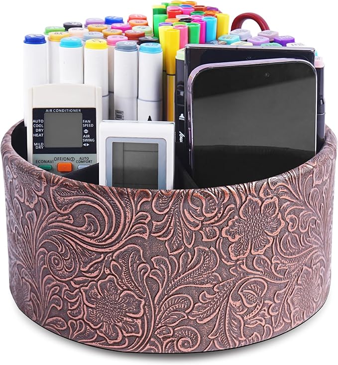 lizimandu Remote Control Holder, 360°Spinning PU Leather Desk TV Remote Caddy,Desk Storage Box Room Accessories for Controller, Media,Mail,Calculator, Mobile Phone,Pencil(1B-Carved Cooper Red)