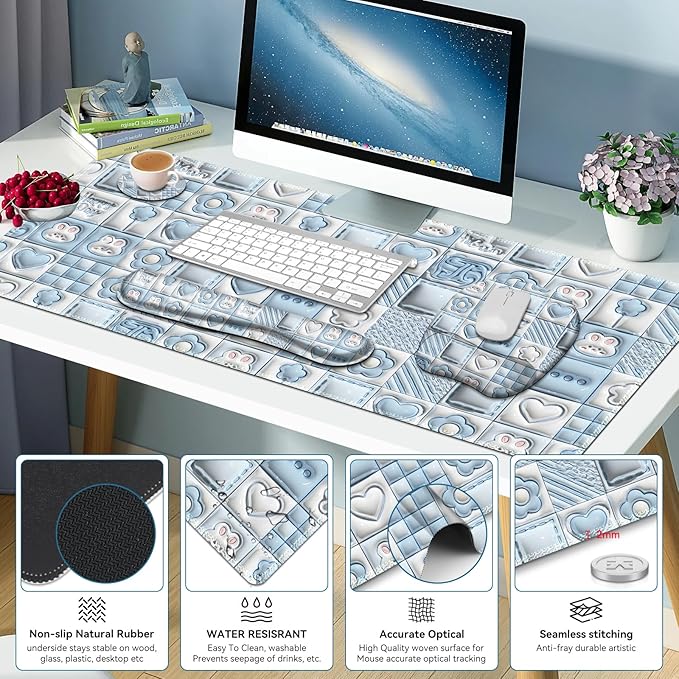 4 in 1 Large Mouse Pad, Keyboard Wrist Rest Set, Ergonomic Mouse Pad with Wrist Support, Desk Mat with Stitched Edges Extended Desk Pad Waterproof Desk Mat for Home Office Game I Cute Rabbit Baby Blue