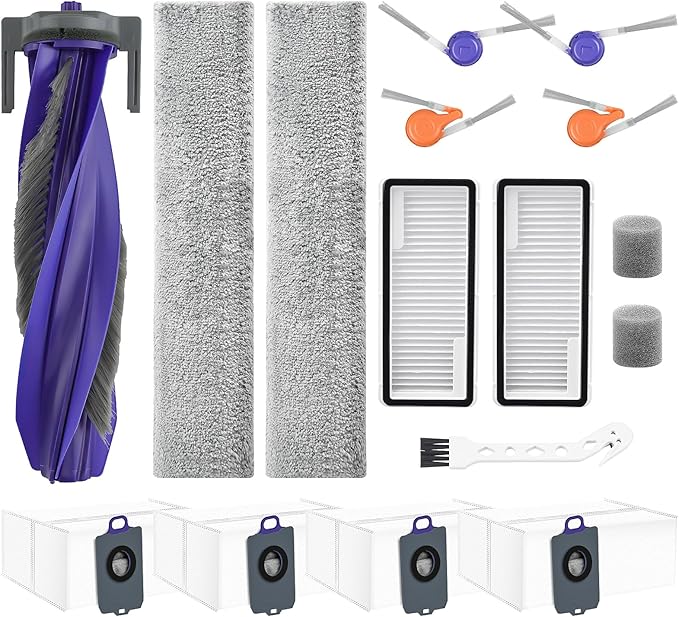 16 Pcs Accessories kit for NARWAL FLOW Robot Vacuum, 1 Zero-Tangling Floating Brush, 4 Dust Bag, 2 Dust Bin Filter, 2 Track Mop, 4 Anti-tang ling Side Brush, 2 Sponge Filter, 1 Clean Tool