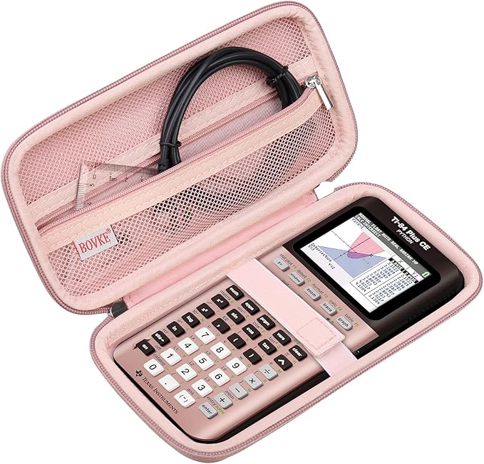 BOVKE Hard Travel Case for Texas Instruments TI-84 Plus CE/TI-84 Plus/TI-83 Plus CE/TI-83 Plus/Casio fx-9750GIII Graphing Calculator, Mesh Pocket for USB Cables, Manual, Pens, Accessories, Rosegold