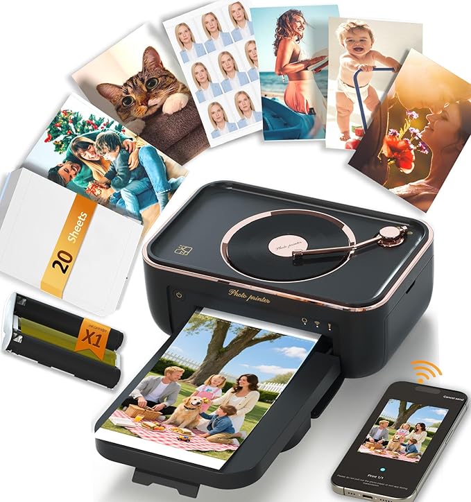 CP6000 4x6 Photo Printer with 20 Sheets & 1 Ribbon, Full-Color Thermal Dye Sublimation Wi-Fi Printing, Portable Instant Picture Printer for iPhone/Android, AR Video, Fun App, Home Use, Black