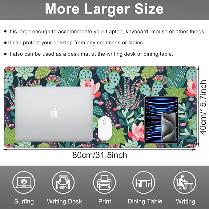 Mouse Pad, Large Succulents and Cactuses Desk Mat, Extended Non-Slip Gaming Keyboard Mousepad Desk Pad, Thick Stitched Edges Waterproof Mouse Mat 31.5"x15.7" (Tropical Plants)