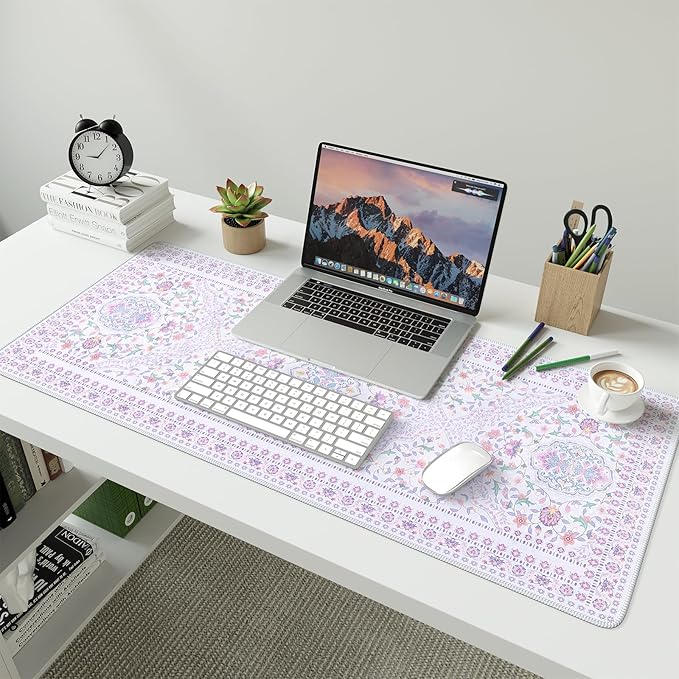 HAOCOO Elegant Floral Desk Mat, Cute Purple Mousepad Home Decor, 35.4" x 15.7" Large Keyboard Pad, Aesthetic Flower Desktop Mat Office Accessories, Waterproof Teacher Desk Pad Mat for Work, Study