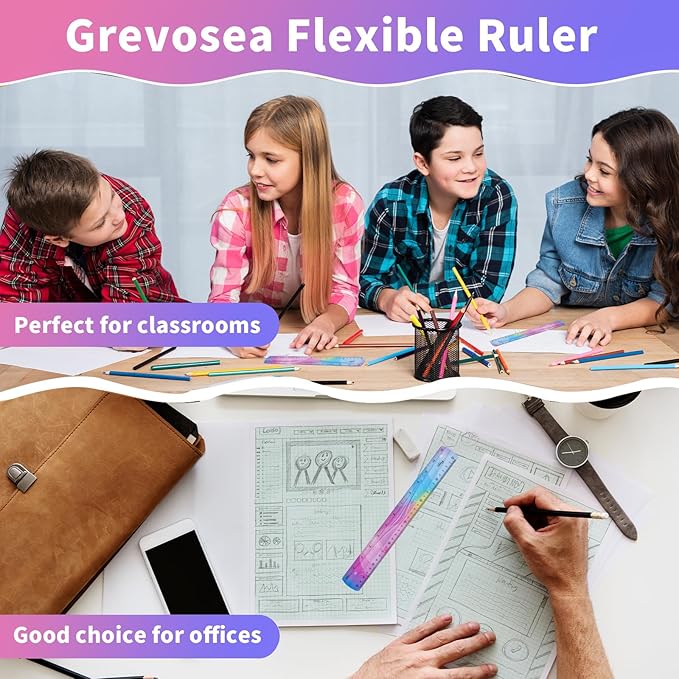 2PCS Flexible Ruler, 30cm/12inch Plastic Ruler Shatterproof Straight Edge Ruler Bendable Safe Soft Gradient Colored Flex Ruler with Centimeter and Inch Scales for School Classroom Office Kids & Adults