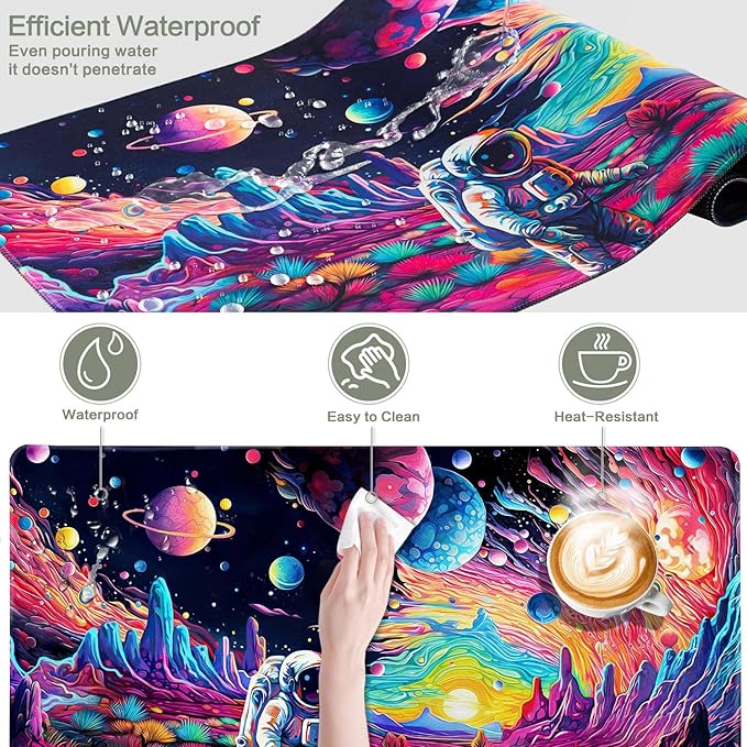 Cyberpunk Astronaut Mouse Pad Desk Mat Fantasy Planet Space Large Gaming Mouse Pad Anime Desk Pad Mousepad XL Extended Keyboard Mat Futuristic Cosmic Adventure Mouse Mat, Waterproof, 31.5 x 11.8 in