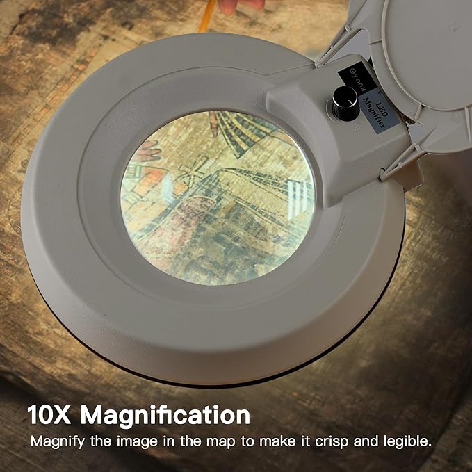 10X Magnifying Glass with Light and Stand,LED Dimmable Lighted Desk Lamp with Clamp,Magnifier Hands Free-Adjustable Stainless Steel Arm,for Crafts Hobbies Reading Painting Sewing Diamond Close Work