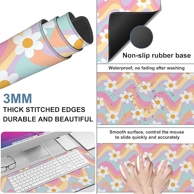 Large Mouse Pad Floral and Wavy Gaming Desk Pad Computer Keyboard Non-Slip Waterproof Mouse Mat with Rubber Base and Stitched Edges Entertainment Office Writing Desk Mat 35.4 x 15.7 Inches