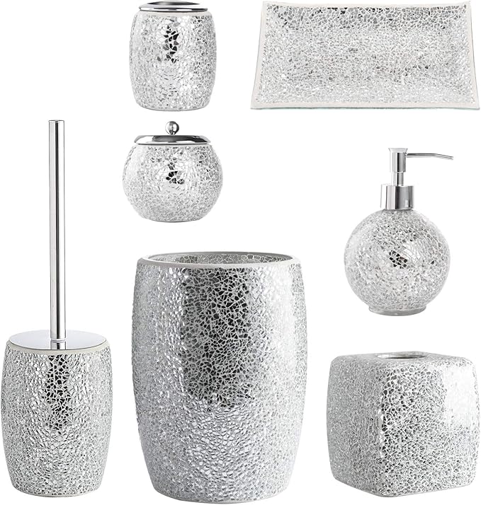 WHOLE HOUSEWARES Modern Toilet Brush Set (Silver) - Glass Mosaic Bathroom Accessory with Sturdy Bristles and Holder