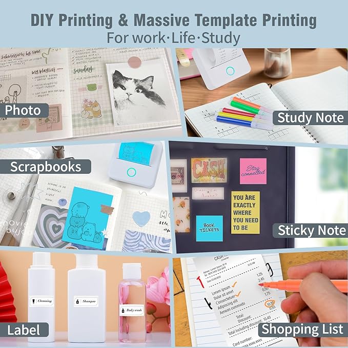 Mini Pocket Sticker Printer Wireless, Wireless Mini Portable Thermal Printers, Small Portable Stickers Printer Inkless 13 Roll Paper for iOS Android APP Pictures DIY Note Memo Gift, White