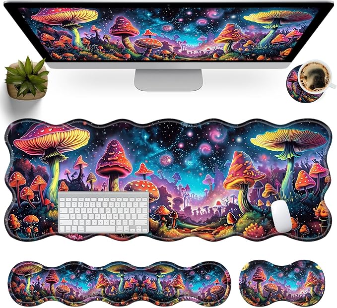 XXL Gaming Mouse Pad Set, 31.5"x11.8" Large Desk Mat with Keyboard Wrist Rest and Mouse Wrist Cushion, Ergonomic Office Mouse Pad for Home & Work Non-Slip Extended Desk Pad, Beautiful Mushrooms