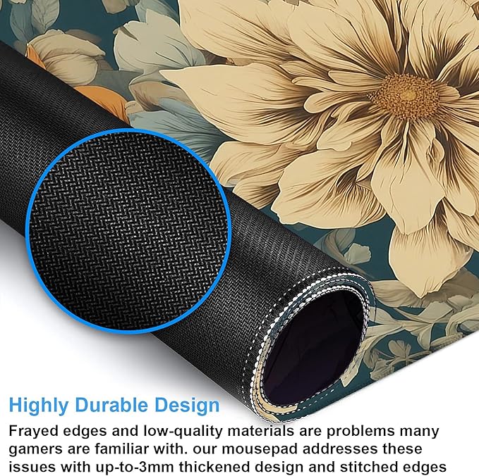 Desk Pad, Vintage Aesthetic Flower XXL Gaming Mouse Pad with Stitched Edges,Non-Slip Waterproof Rubber Base Large Desk Mat for Keyboard and Mouse 35.4"x15.7"
