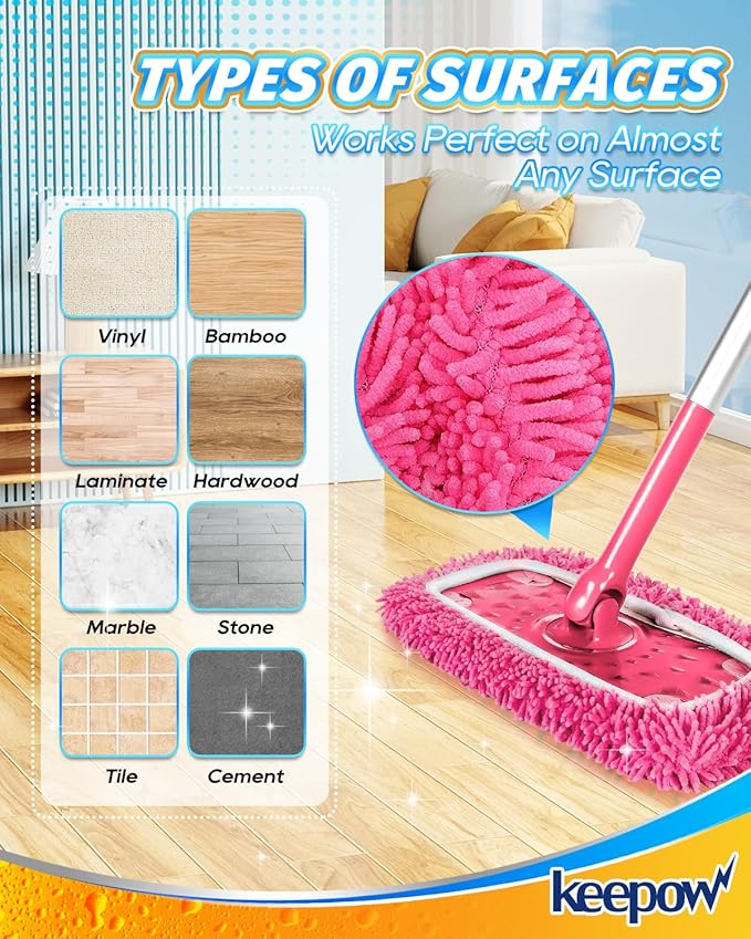 KEEPOW Pink Reusable Dry Sweeping Cloths Microfiber Wet Mop Pads Compatible with Swiffer Sweeper Mop Replacement Sweeping Mopping pad Refills for Hardwood Surface Floor Cleaning (6PCS)