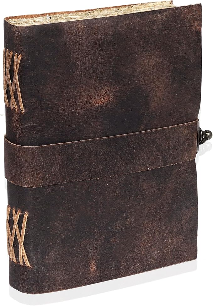 HLC Leather Journal, 200 Pages of Antique Deckle Edges Handmade Paper Vintage Journals for Men & Women, Vintage Lock Closure Rustic Brown Leather Gifts with Pen Holder (8" X 6" inches)